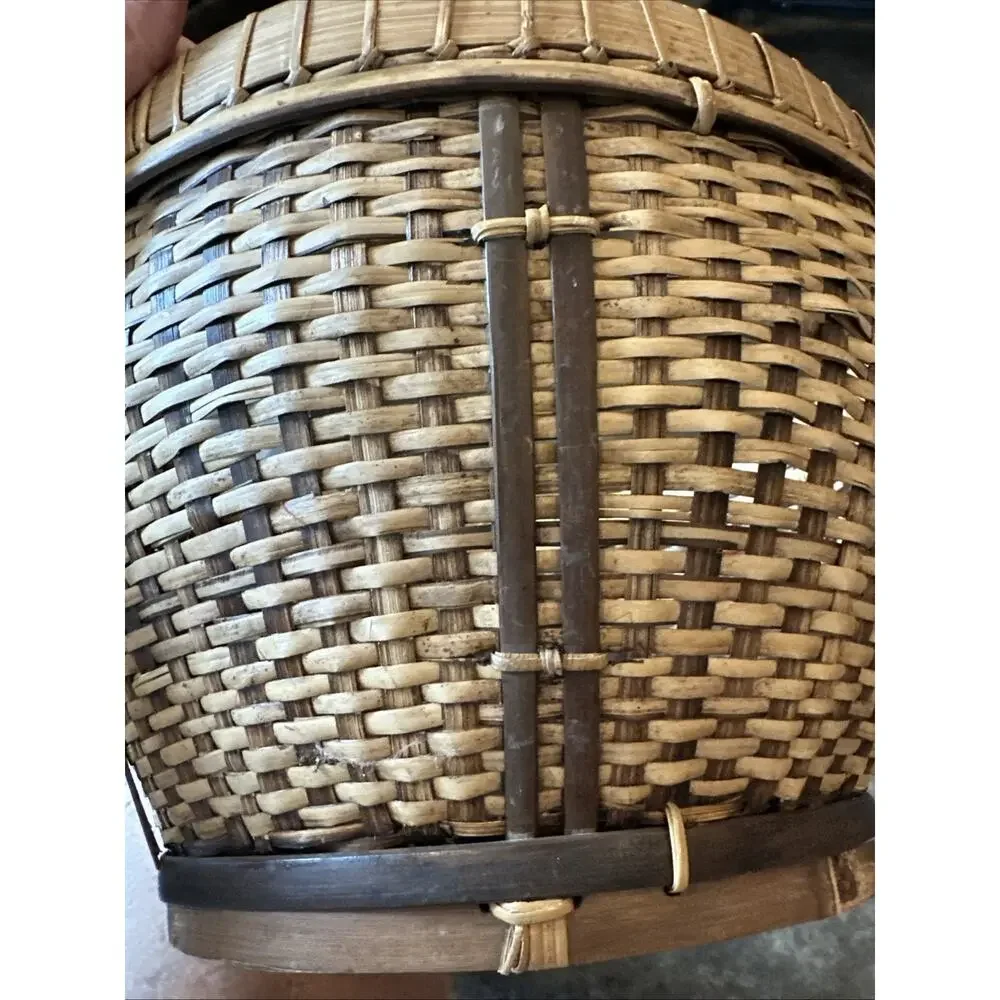 Round Vintage Southeast Asian Handwoven Bamboo Basket 12” X 7” With Handles